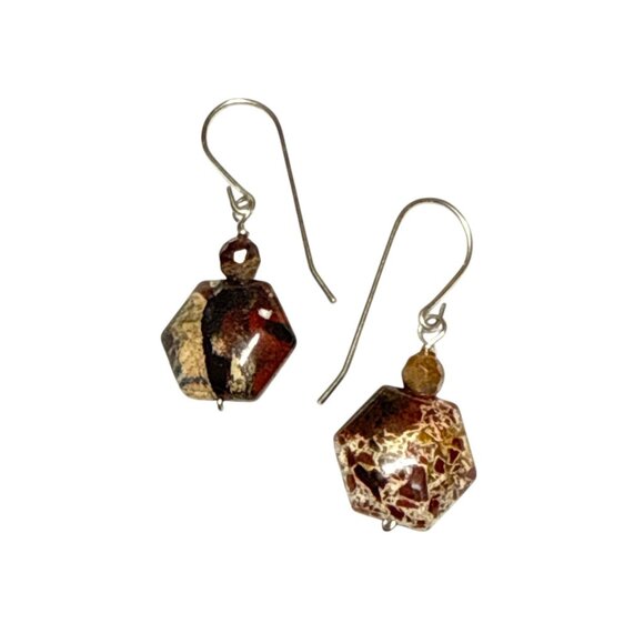Hexagon Jasper Stone Dangle Earrings Handmade Brown Gemstone Jewelry - Picture 1 of 8